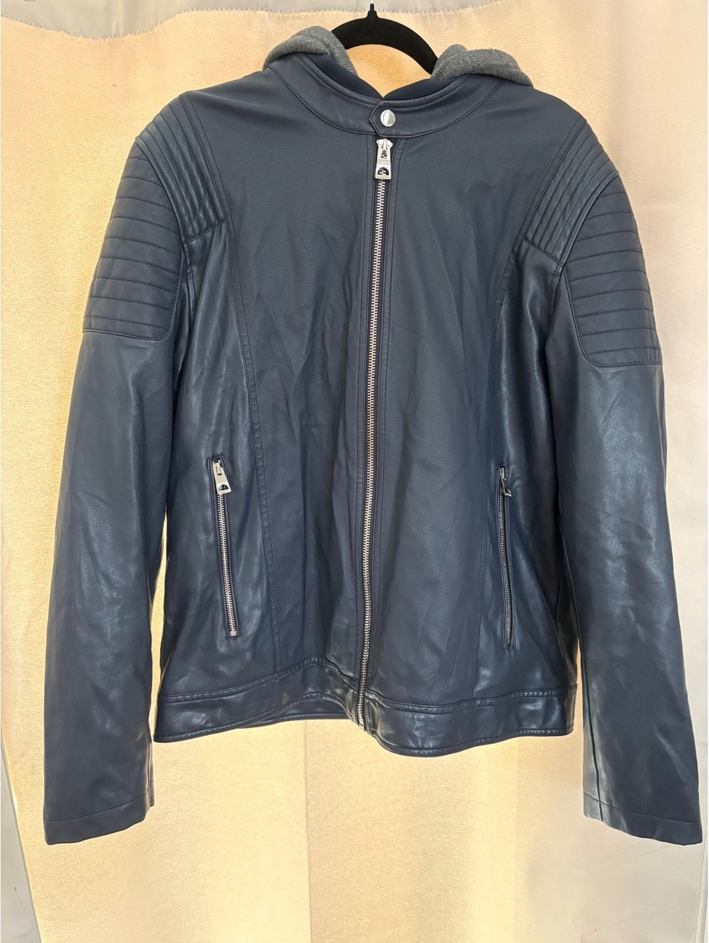 GUESS Los Angeles Men’s XL Navy Faux Leather Moto Jacket Removable Hood Biker
